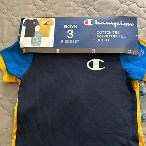 Champion Boys Navy Tee with Blue Sleeves & Yellow Panels